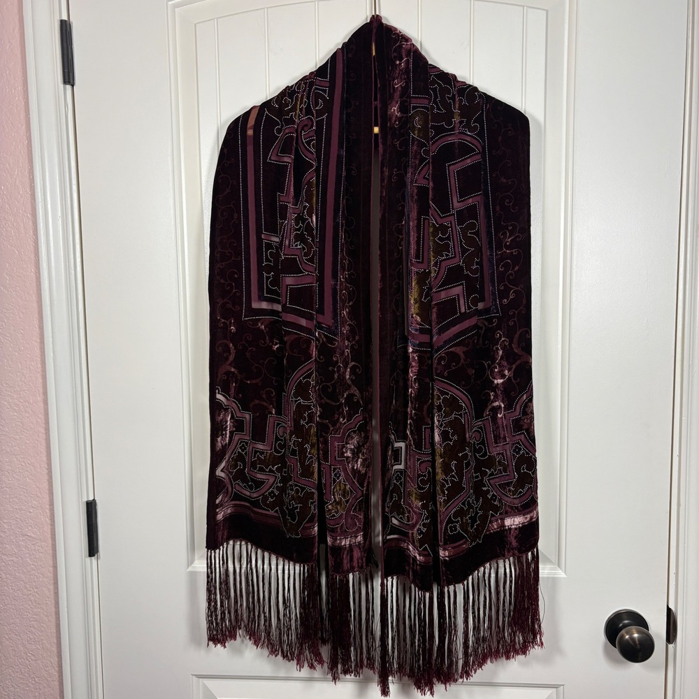 Valerie Stevens Red Velvet Burnout Devore Fringe Wrap Scarf Art Deco Floral